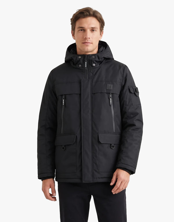 Black Tripper Mens Padded Jacket, hooded, with full zipper closure and multiple functional pockets, ideal for winter outdoor