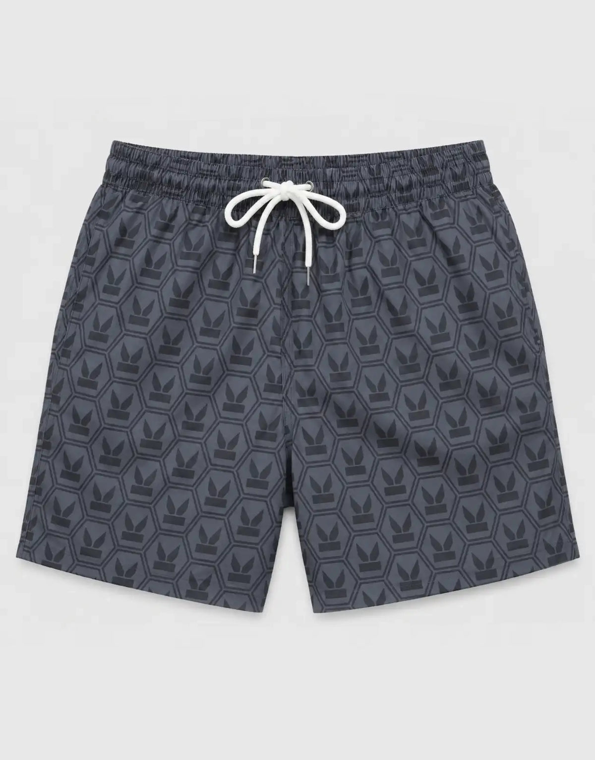 navy swim shorts with white drawstring and an allover geometric logo pattern