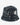 denim bucket hat with distressed tears and frayed edges in dark indigo and a small red tag