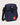 navy blue sling bag with black adjustable strap, front flap with snap and red square logo patch
