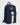 navy blue backpack with a light gray vertical stripe on the front pocket, top carry handle, zippered main compartment