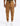 brown track pants with drawstring waist and zip pockets, cargo pockets on thighs, a small logo patch on the left thigh, and