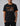 black crew neck short sleeve t shirt with orange trim and a star patterned high top sneaker graphic